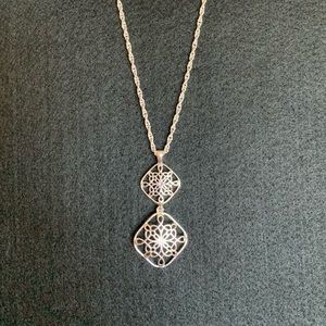Liz & Co. necklace 16” Silver toned chain- angled/ squared filigreed charms
